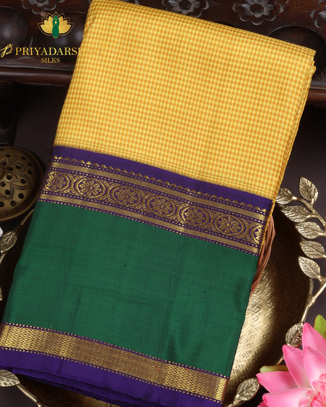 Yellow and Deep Green grid pattern - Kanjivaram Silk